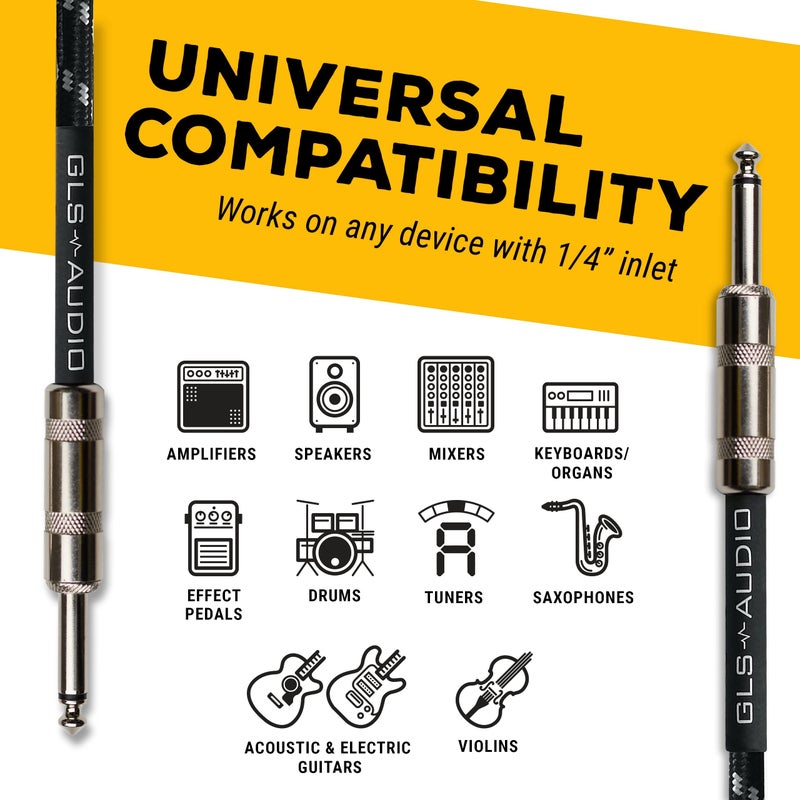 GLS Audio Instrument Cable - 1/4 Inch TS to 1/4 Inch - for Bass/Electric Guitar - Black/Grey Braided Tweed, 20 Ft - Electric Guitar Cable - Image 3